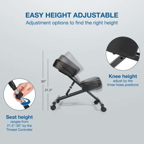 Ergonomic Kneeling Chair with Wheels, Adjustable Stool for Home&Office, w/4” Thickened Cushion and Adjustable Height, Build Healthy Back & Upright Posture