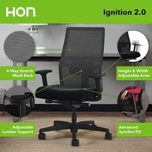 HON Ignition 2.0 Ergonomic Office Chair Mesh Back Computer Desk Chair - Synchro-Tilt Recline, Lumbar Support, Swivel Wheels, Comfortable for Long Hours in Home Office & Task Work, Executive - Grey