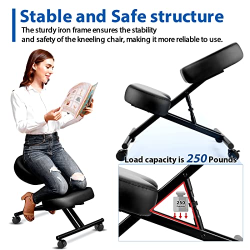 Kneeling Chair Ergonomic for Office, Adjustable Stool for Home and Office - Improve Your Posture with an Angled Seat - Thick Comfortable Moulded Foam Cushions - Brake and Smooth Gliding Casters