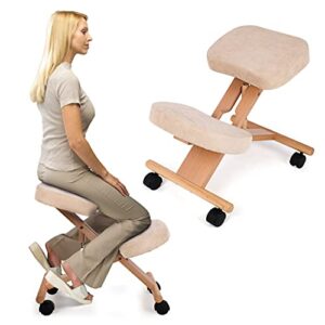 haledaze adjustable wooden ergonomic kneeling chair home office computer chair for relieve pain with beige fabric