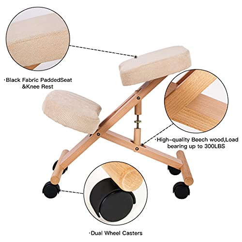 HALEDAZE Adjustable Wooden Ergonomic Kneeling Chair Home Office Computer Chair for Relieve Pain with Beige Fabric