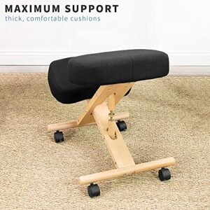 VIVO Wooden Kneeling Chair with Wheels, Adjustable Ergonomic Stool for Home and Office, Mobile Angled Posture Seat, Light Wood Frame & Black Cushions, CHAIR-K03D