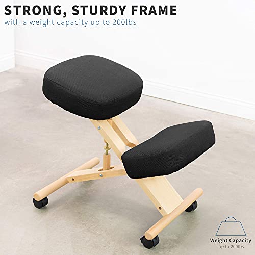 VIVO Wooden Kneeling Chair with Wheels, Adjustable Ergonomic Stool for Home and Office, Mobile Angled Posture Seat, Light Wood Frame & Black Cushions, CHAIR-K03D