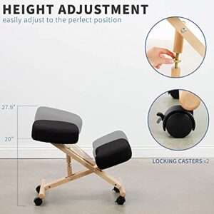 VIVO Wooden Kneeling Chair with Wheels, Adjustable Ergonomic Stool for Home and Office, Mobile Angled Posture Seat, Light Wood Frame & Black Cushions, CHAIR-K03D