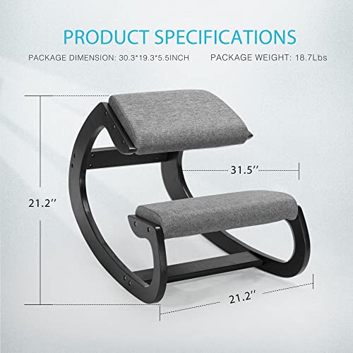 Ergonomic Rocking Kneeling Chair, Upright Posture Stool for Home Office Meditation, Gray Linen Cushion