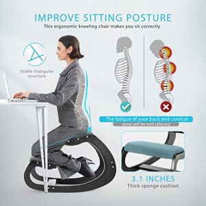 Ergonomic Rocking Kneeling Chair, Upright Posture Stool for Home Office Meditation, Gray Linen Cushion