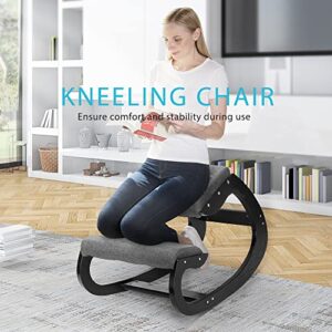 Ergonomic Rocking Kneeling Chair, Upright Posture Stool for Home Office Meditation, Gray Linen Cushion