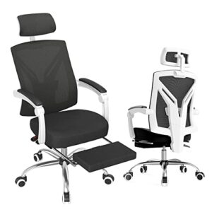 hbada ergonomic office chair high back desk chair recliner chair with lumbar support height adjustable seat, headrest- breathable mesh back soft foam seat cushion with footrest, white