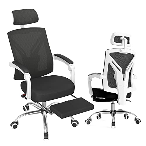 Hbada Ergonomic Office Chair High Back Desk Chair Recliner Chair with Lumbar Support Height Adjustable Seat, Headrest- Breathable Mesh Back Soft Foam Seat Cushion with Footrest, White