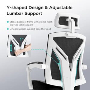 Hbada Ergonomic Office Chair High Back Desk Chair Recliner Chair with Lumbar Support Height Adjustable Seat, Headrest- Breathable Mesh Back Soft Foam Seat Cushion with Footrest, White