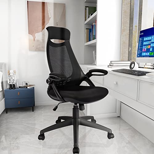 HYLONE Office Desk Chair Ergonomic, Mesh Computer Chair with Headrest, Flip Up Arms, Lumbar Support, Height Adjustable (Black)