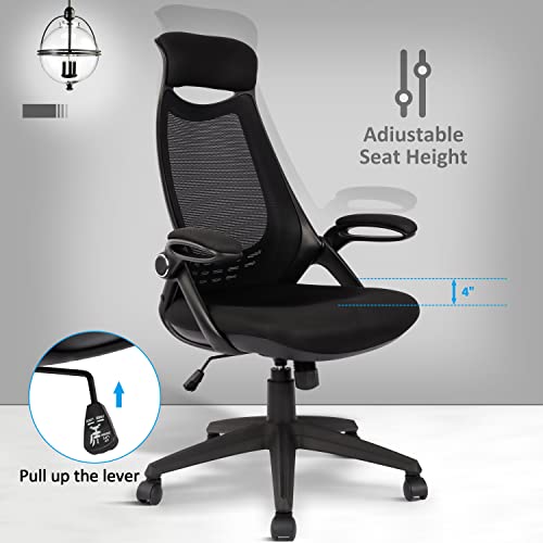 HYLONE Office Desk Chair Ergonomic, Mesh Computer Chair with Headrest, Flip Up Arms, Lumbar Support, Height Adjustable (Black)