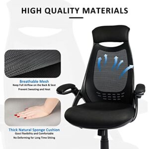 HYLONE Office Desk Chair Ergonomic, Mesh Computer Chair with Headrest, Flip Up Arms, Lumbar Support, Height Adjustable (Black)