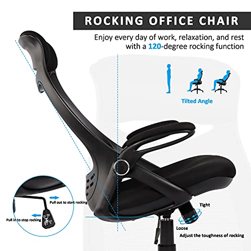 HYLONE Office Desk Chair Ergonomic, Mesh Computer Chair with Headrest, Flip Up Arms, Lumbar Support, Height Adjustable (Black)