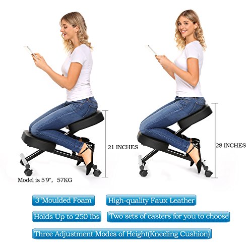 BATHWA Ergonomic Kneeling Chair, Posture Corrective Chair, Angled Kneeling Chair, Adjustable Stool with Moulded Foam Cushion and Caster for Home & Office