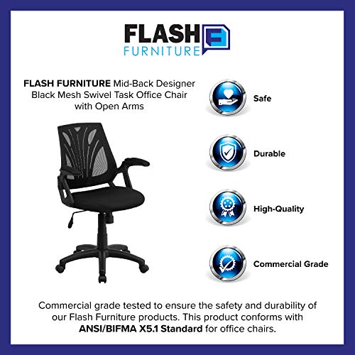 Flash Furniture Mid-Back Designer Black Mesh Swivel Task Office Chair with Open Arms