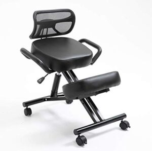 beautiful ergonomic kneeling chair with thick leather cushions, pneumatic height adjustment, back support, side handles, back pain relief, work from home & office, black stork [updated august 2021]
