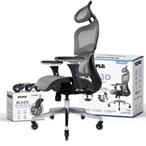 nouhaus ergo3d ergonomic office chair – rolling desk chair with 4d adjustable armrest, 3d lumbar support and blade wheels – mesh computer chair, office chairs, executive swivel chair (grey)