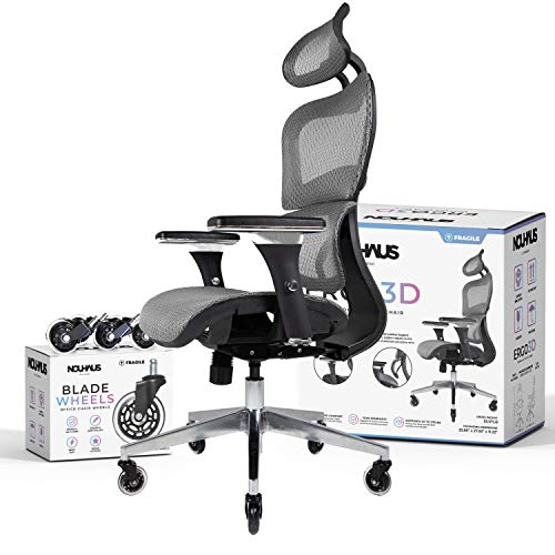 NOUHAUS Ergo3D Ergonomic Office Chair - Rolling Desk Chair with 4D Adjustable Armrest, 3D Lumbar Support and Blade Wheels - Mesh Computer Chair, Office Chairs, Executive Swivel Chair (Grey)