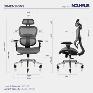 NOUHAUS Ergo3D Ergonomic Office Chair - Rolling Desk Chair with 4D Adjustable Armrest, 3D Lumbar Support and Blade Wheels - Mesh Computer Chair, Office Chairs, Executive Swivel Chair (Grey)