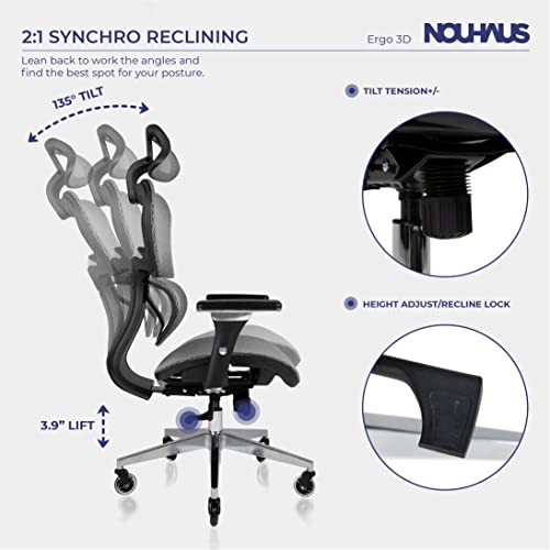 NOUHAUS Ergo3D Ergonomic Office Chair - Rolling Desk Chair with 4D Adjustable Armrest, 3D Lumbar Support and Blade Wheels - Mesh Computer Chair, Office Chairs, Executive Swivel Chair (Grey)