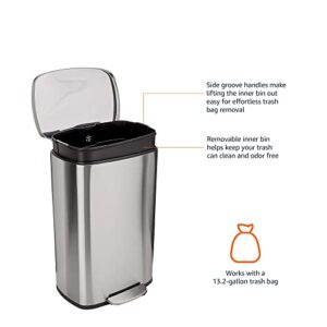 Amazon Basics 50 Liter / 13.2 Gallon Soft-Close, Smudge Resistant Trash Can with Foot Pedal - Brushed Stainless Steel, Satin Nickel Finish