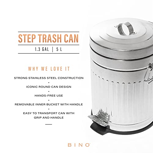 BINO Round Step Trash Can | Home or Office Bathroom Trash Cans with Lids | Kitchen Garbage Can with Non-Slip Stepper | Stainless Steel Small Trash Can with Lid | Galvanized Steel (1.3 Gallon/5 Liter)