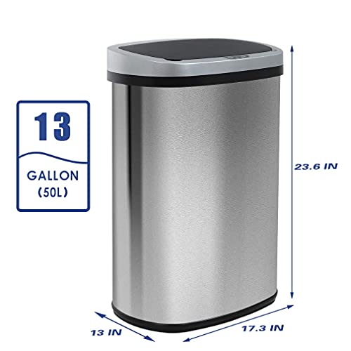 Kitchen Trash Can with Lid, 13 Gallon Automatic Garbage Can for Bathroom Bedroom Home Office 50 Liter Touch Free High-Capacity Brushed Stainless Steel Waste Bin