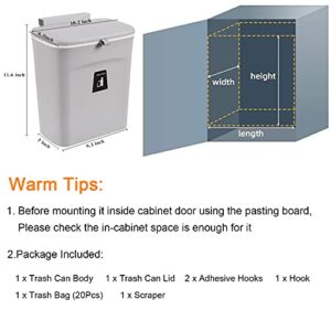 Tiyafuro 2.4 Gallon Kitchen Compost Bin for Counter Top or Under Sink, Hanging Small Trash Can with Lid for Cupboard/Bathroom/Bedroom/Office/Camping, Mountable Indoor Compost Bucket, Gray