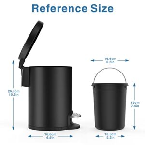 H+lux Small Trash Can with Lid Soft Close, Foot Pedal Round Bathroom Garbage Can with Stainless Steel Removable Inner Wastebasket, Anti-Fingerprint Matt Finish, 0.8Gal/3L, Black