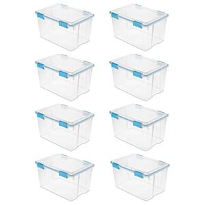 sterilite 54 quart clear plastic stackable storage container box bin with air tight gasket seal latching lid long term organizing solution, 8 pack
