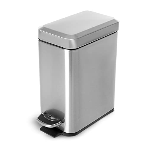 Home Zone Living 1.3 Gallon Bathroom Trash Can, Slim Stainless Steel, Step Pedal, 5 Liter