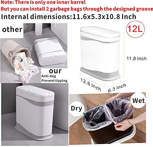 Cq acrylic 12 Liter Slim Plastic Trash Can,3.3 Gallon Dog Proof Bathroom Trash Can with Press Top Lid,for Bathroom,Living Room,Office and Kitchen