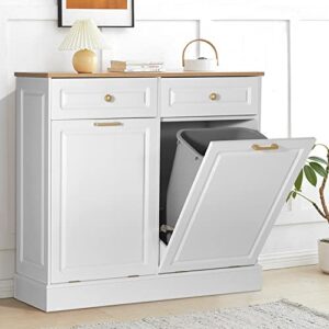 anbuy double kitchen trash cabinets dual tilt out trash cabinet with two wood hideaway trash holder drawers, free standing recycling cabinet trash can holder (upgrade white)