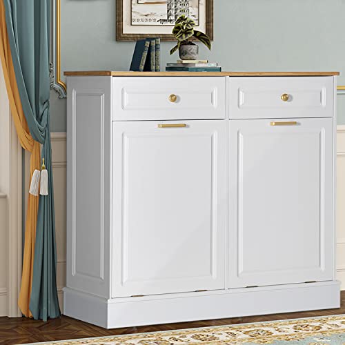 Anbuy Double Kitchen Trash Cabinets Dual Tilt Out Trash Cabinet with Two Wood Hideaway Trash Holder Drawers, Free Standing Recycling Cabinet Trash Can Holder (Upgrade White)