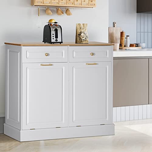 Anbuy Double Kitchen Trash Cabinets Dual Tilt Out Trash Cabinet with Two Wood Hideaway Trash Holder Drawers, Free Standing Recycling Cabinet Trash Can Holder (Upgrade White)