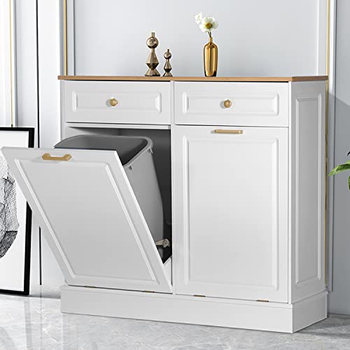 Anbuy Double Kitchen Trash Cabinets Dual Tilt Out Trash Cabinet with Two Wood Hideaway Trash Holder Drawers, Free Standing Recycling Cabinet Trash Can Holder (Upgrade White)