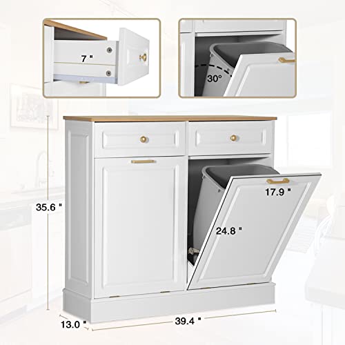 Anbuy Double Kitchen Trash Cabinets Dual Tilt Out Trash Cabinet with Two Wood Hideaway Trash Holder Drawers, Free Standing Recycling Cabinet Trash Can Holder (Upgrade White)