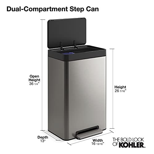 Kohler Step Trash Can, 11 Gallon Dual Compartment, White with Stainless Steel