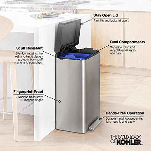 Kohler Step Trash Can, 11 Gallon Dual Compartment, White with Stainless Steel