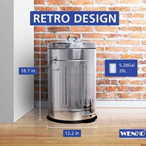WENKO Step Trash Can with Lid and Pedal, Retro Metal Garbage Bin, for Bathroom, Kitchen, Office, Soft Close, 5 Gallon, 12.2 x 18.7 x 12.2 in, Gray
