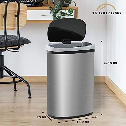 FDW Garbage Can 13 Gallon 50 Liter Kitchen Trash Can for Bathroom Bedroom Home Office Automatic Touch Free High-Capacity with Lid Brushed Stainless Steel Waste Bin