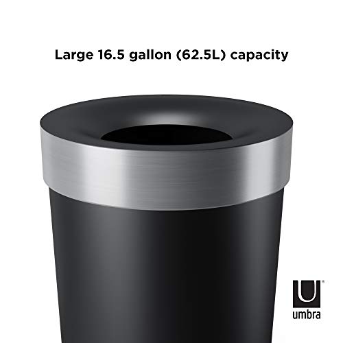 Umbra Vento Open Top 16.5-Gallon Kitchen Trash Large, Garbage Can for Indoor, Outdoor or Commercial Use, Black/Nickel