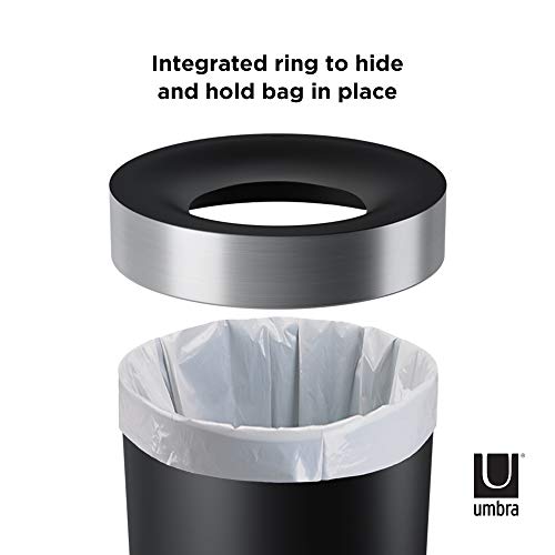 Umbra Vento Open Top 16.5-Gallon Kitchen Trash Large, Garbage Can for Indoor, Outdoor or Commercial Use, Black/Nickel