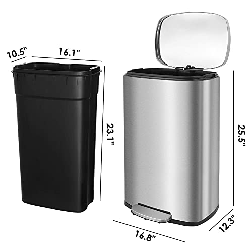 Pirecart 13.2 Gallon Trash Can, Stainless Steel Garbage Bin with Lid, Silent Gentle Open and Close Dustbin with Durable Pedal, Inner Bucket, for Kitchen Bathroom Livingroom Home Office ,Silver(50L)