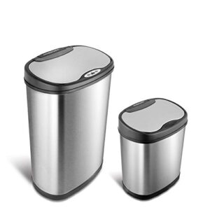 ninestars cb-dzt-50-13/12-13 automatic touchless infrared motion sensor trash can combo set, 13 gal 50l & 3 gal 12l, stainless steel base (oval, silver/black lid)