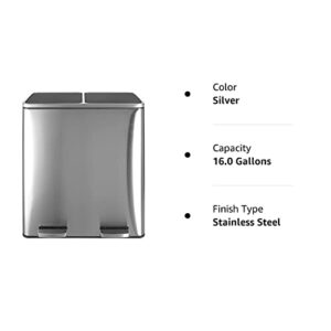AthLike 60L(16 Gal) Dual Trash Can, Stainless Steel Kitchen Garbage Can, Double Compartment Classified Rubbish Bin, Recycle Dustbin w/Plastic Inner Buckets, Handle, Soft-Close Lid, Airtight (Silver)