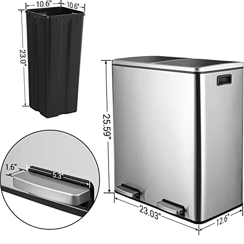 AthLike 60L(16 Gal) Dual Trash Can, Stainless Steel Kitchen Garbage Can, Double Compartment Classified Rubbish Bin, Recycle Dustbin w/Plastic Inner Buckets, Handle, Soft-Close Lid, Airtight (Silver)