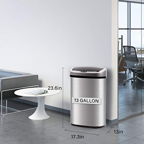 13 Gallon Trash Can,Kitchen Garbage Can Stainless Steel Metal with Lid Automatic Touch Free Sensor Waste Bin for Office Barthroom Bedroom Home 50L