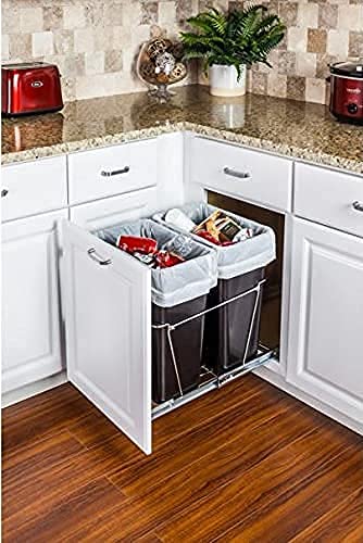 Hardware Resources Double 35-Quart Trash Bin Cabinet Pullout System - 2 Black Waste, Recycling Bins - Easy-Installation Polished Chrome Ball-Bearing Garbage Slider, Door Mounting Kit - 17.5 Gallons